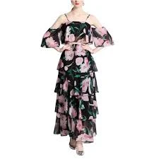 BURRYCO Off Shoulder Floral 2-Piece Crop Top and Ruffle Midi Skirt Party NWT