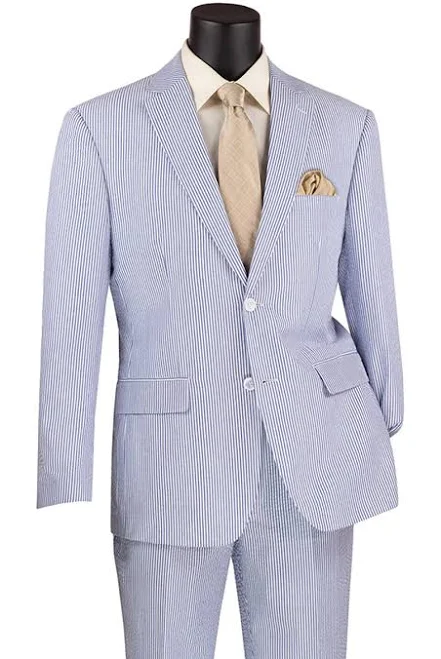 Men's 2PC Summer Seersucker Modern Fit Suit in Navy Blue Pinstripe, 44 Short / Navy
