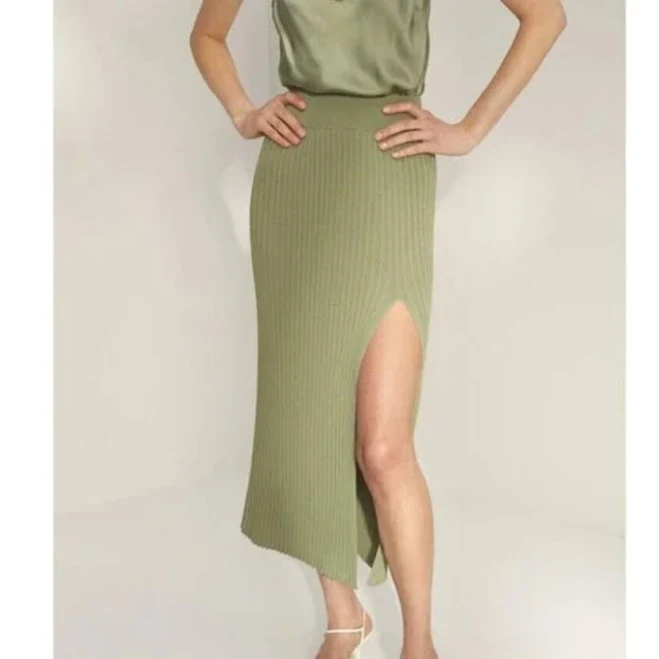 Aritzia Wilfred High-Rise Ribbed Knit High Slit Midi Skirt Sage Frost Green XS