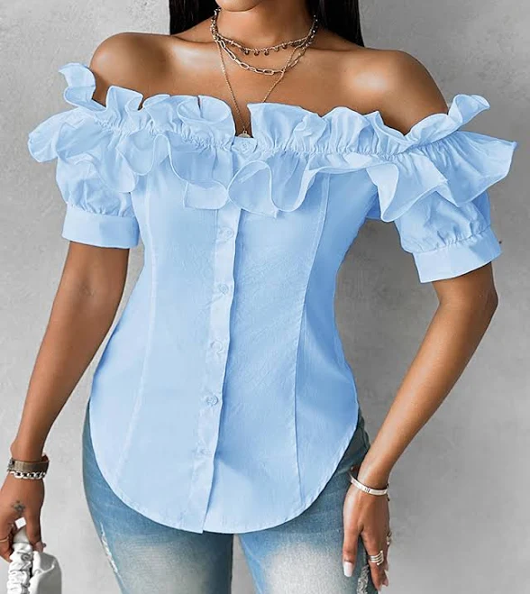 Chicme Off Shoulder Ruffle Button Front Blouse
