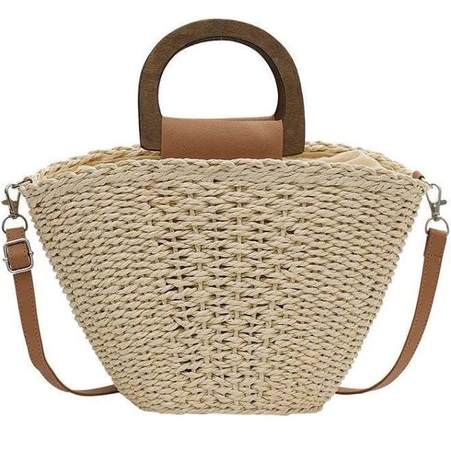 Straw Crossbody Purse with Wooden Handles