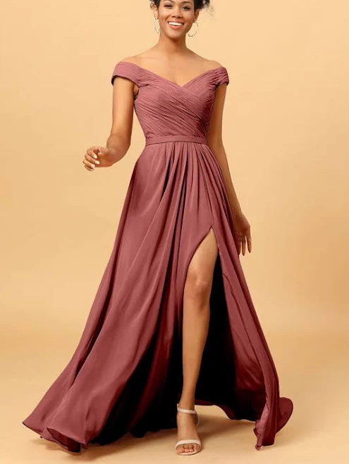 WEDTREND Women's Off The Shoulder Ruched Chiffon Evening Dress with Slit