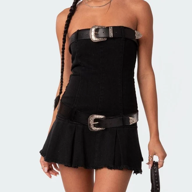 Edikted Women's B Mine Double Belted Denim Mini Dress