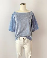 J.Crew Puff-Sleeve Crop Top in Knit Seersucker Blue/White Size Large L8148