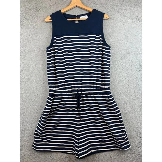 Evereve Womens Navy White Striped Sleeveless Romper Drawstring Waist