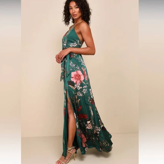 Lulus Still the One Emerald Green Floral Print Satin Maxi Dress