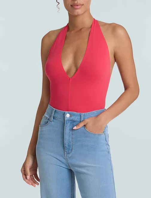 Commando Ballet Deep Plunge Halter Bodysuit in Watermelon - Commando