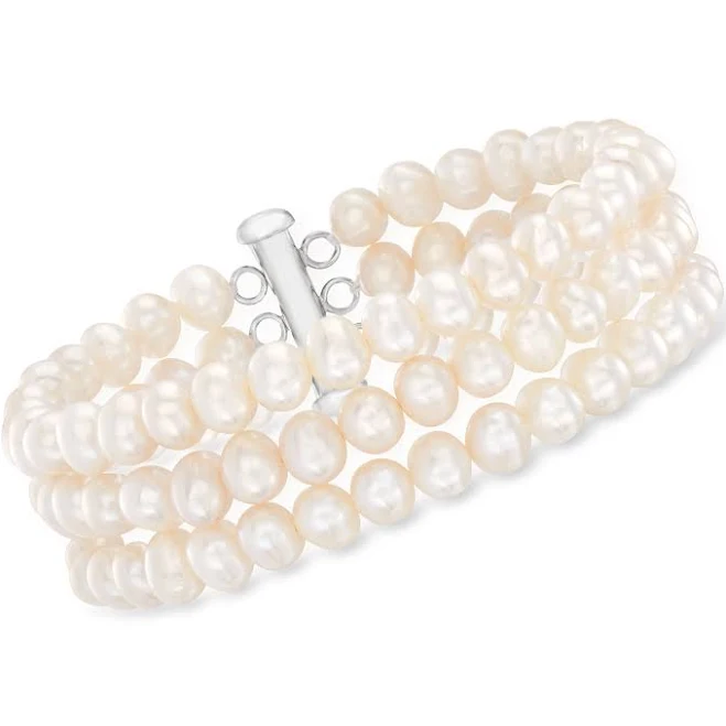 Ross-Simons Sterling Silver Cultured Pearl Three-Strand Bracelet