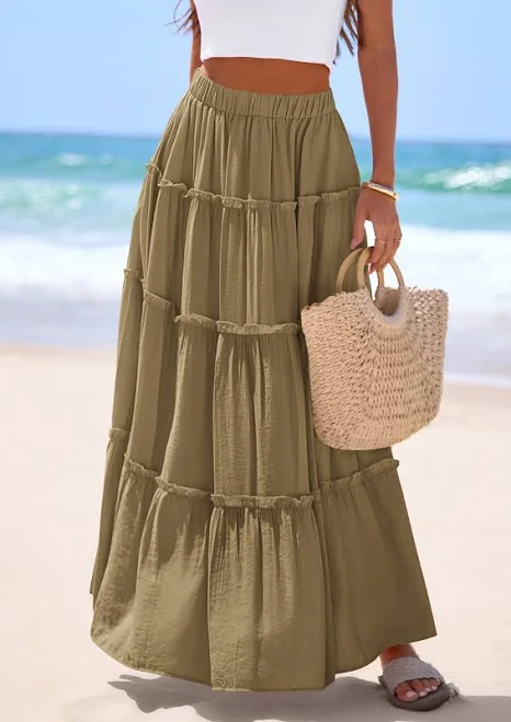 Prettygarden Women's High Waisted Flowy Tiered Maxi Skirt