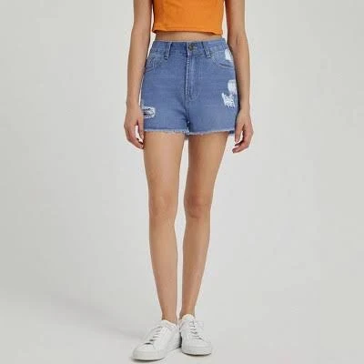 Women's High Waist Distressed Denim Shorts with Frayed Raw Hem