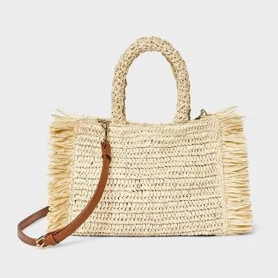 Universal Thread Straw Fringe Crossbody Tote Handbag with Detachable Strap