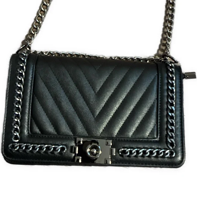 Solid Black Vegan Faux Leather Silver Chain Crossbody Bag