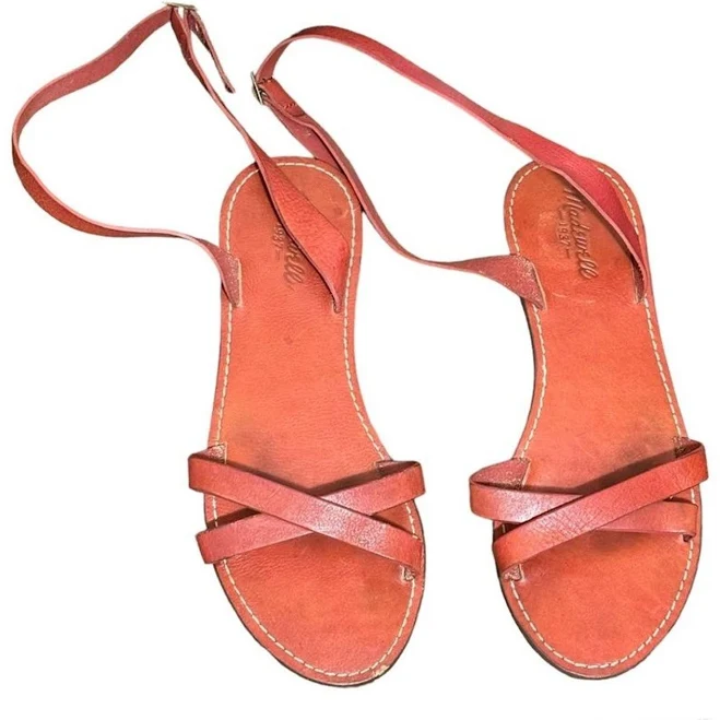 Madewell Flat Leather Ankle Strap Sandals In Burnt Orange. Women’s 9