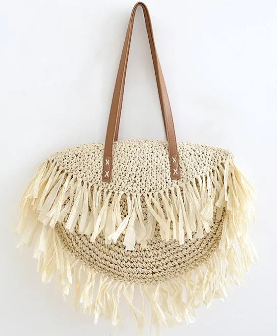 Fringed Woven Straw Shoulder Bag