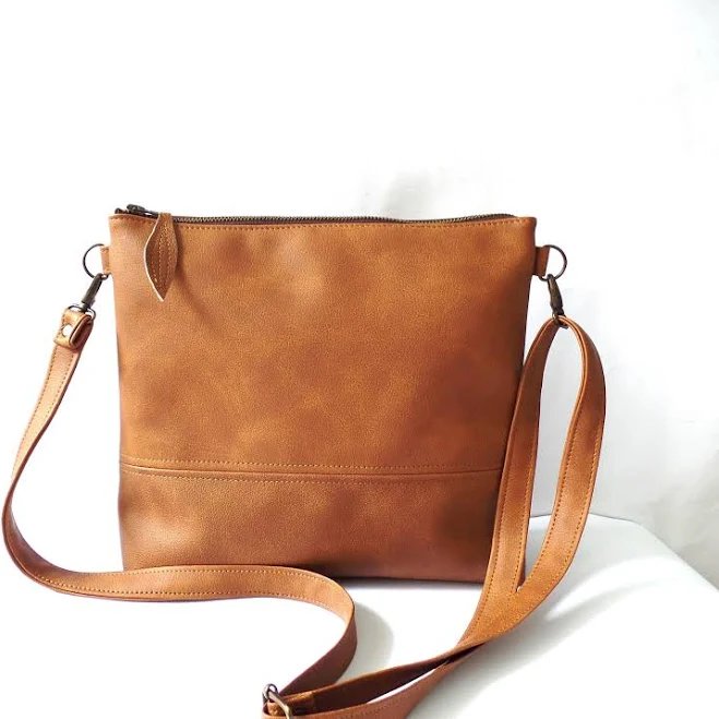 Cognac Brown Vegan Leather Crossbody Bag: Everyday Casual Purse, Minimalist crossbody bag