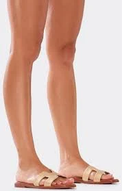 Addison Caged Flat Slider Sandal In Gold Faux Leather