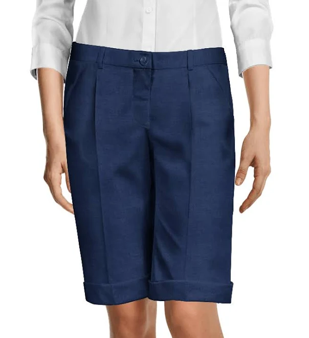 Navy blue linen pleated cuffed Bermuda Shorts