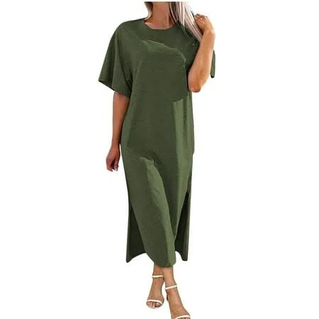 Arnsht Women's Cotton Linen Maxi Dress T-Shirt Cap Sleeve Crewneck Casual Loose Slit Side Long Beach Vacation Dresses Green S, Size: Small
