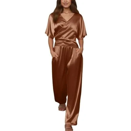 Mdukonu Women's Satin 2-Piece Set - V-Neck Wrap Tie Top & Cropped Wide Leg Pants Brown L, Size: Large
