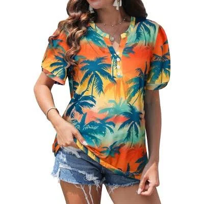 Women's Tropical Print V-Neck Short Sleeve Blouse