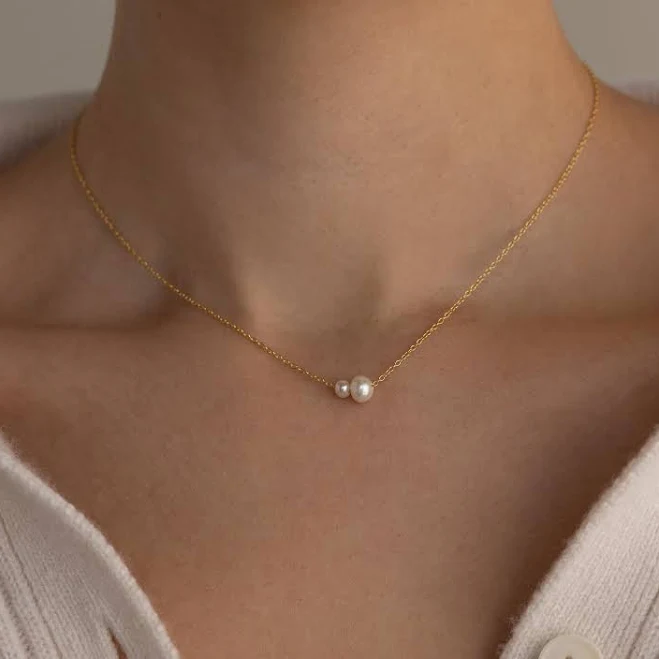 Caitlyn Minimalist Vintage Inspired Duo Pearl Charm Necklace