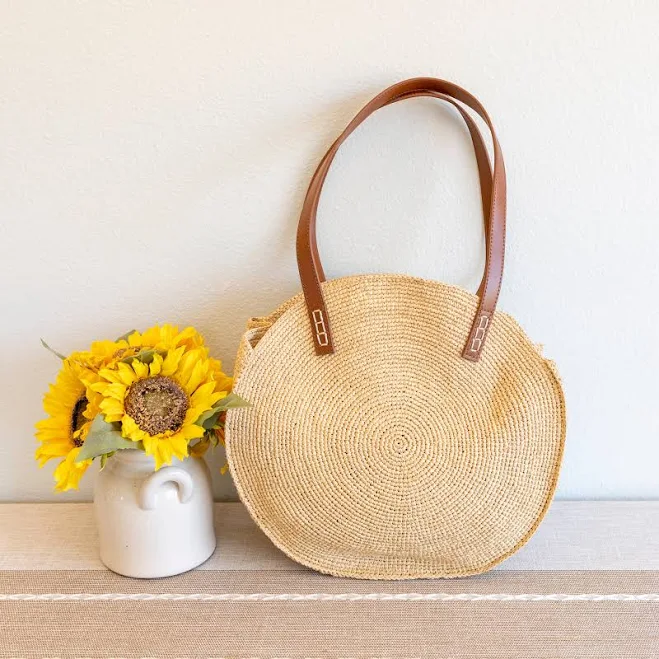 Elena Round Raffia Woven Leather Handbag