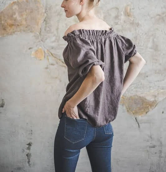 Off-Shoulder Boho Peasant Linen Blouse with 3/4 Sleeves