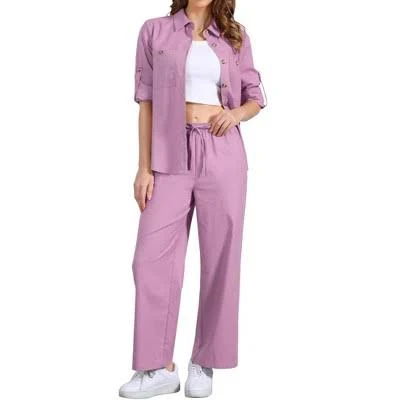 Allegra K Women's Linen Button Down Shirt and Drawstring Pants Set