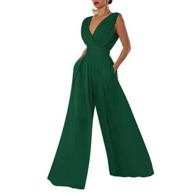 Women's Sleeveless Deep V Neck Wide-leg Jumpsuit