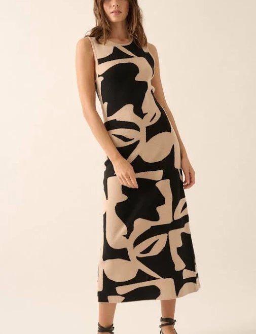 Black Abstract Print Knit Sleeveless Midi Dress