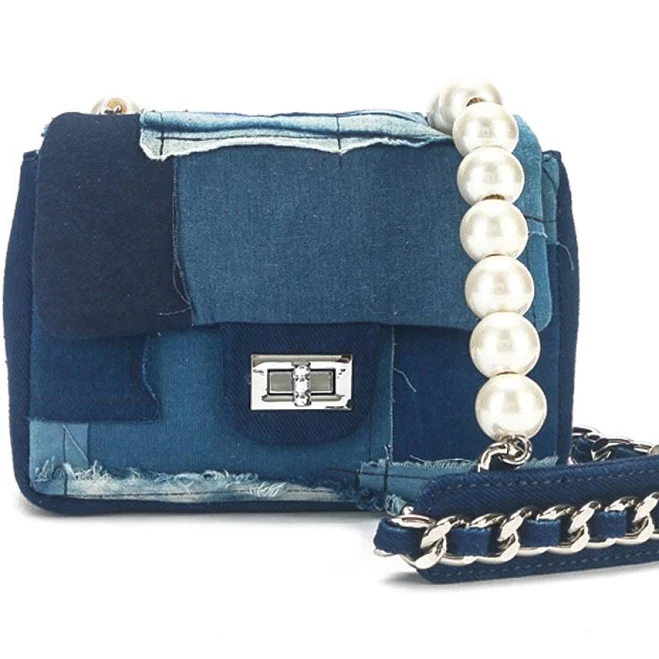 Mini Emotional Denim Shoulder Bag Flap Top Pearls&Silver Chain Square Handbag, SteelBlue