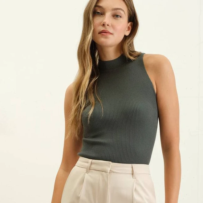 sleeveless ribbed mock neck knit top - Hunter Green / Small