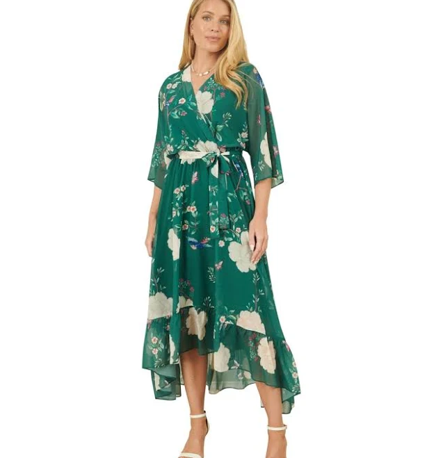 Yumi Women's Bird and Floral Print Midi Wrap Dress