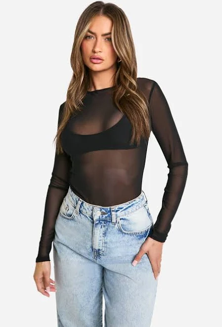 Boohoo Women's Basic Mesh Long Sleeve Bodysuit