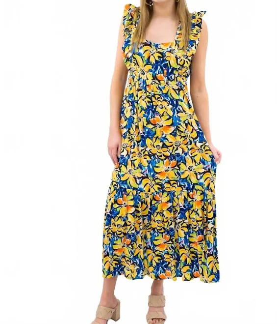 Tiered And Tyed For Spring Midi Dress In Blue Yellow Floral