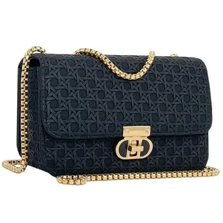 Port&lotus Mini Shoulder Bag with Gold Chain Strap Woven Faux PU Leather Handbags for Lady Small Black Purse Formal Evening Clutch Purse Ladies Bags,