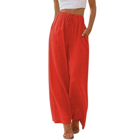 Temofon Pants for Women Wide Leg Linen Pant Casual Palazzo Summer Flowy Pants with Pocket Drawstring Loose Pants