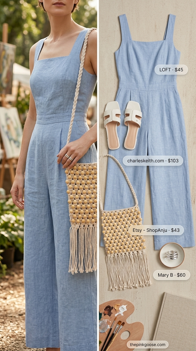 Artistic sky blue linen jumpsuit for women 2026, styled with white slides and macrame bag for a creative daytime event.