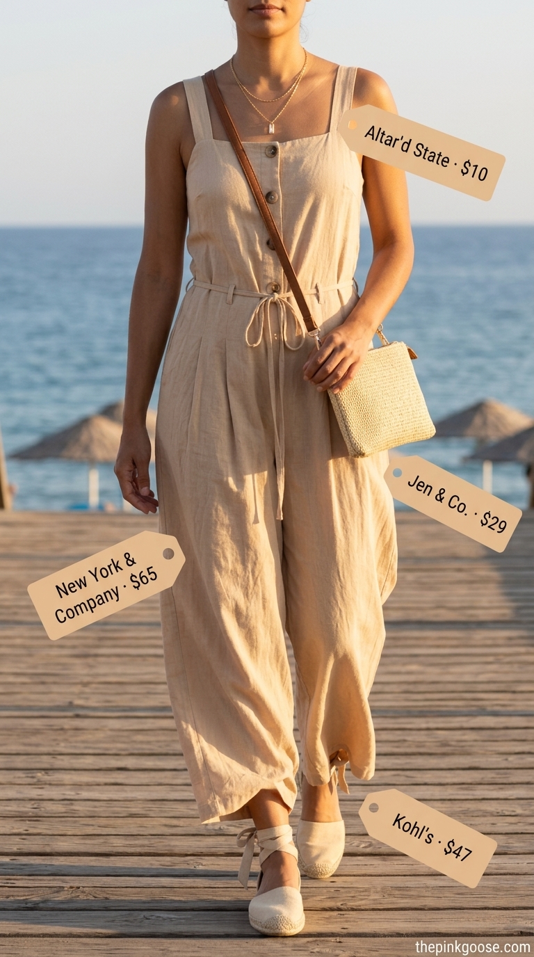 Relaxed warm beige linen jumpsuit for women 2026, with espadrilles and layered necklaces for weekend brunch.