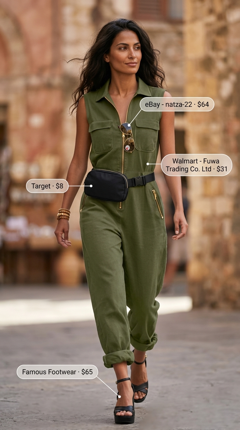 Edgy olive green utility linen jumpsuit for women 2026, styled with platform sandals and belt bag for city exploration.