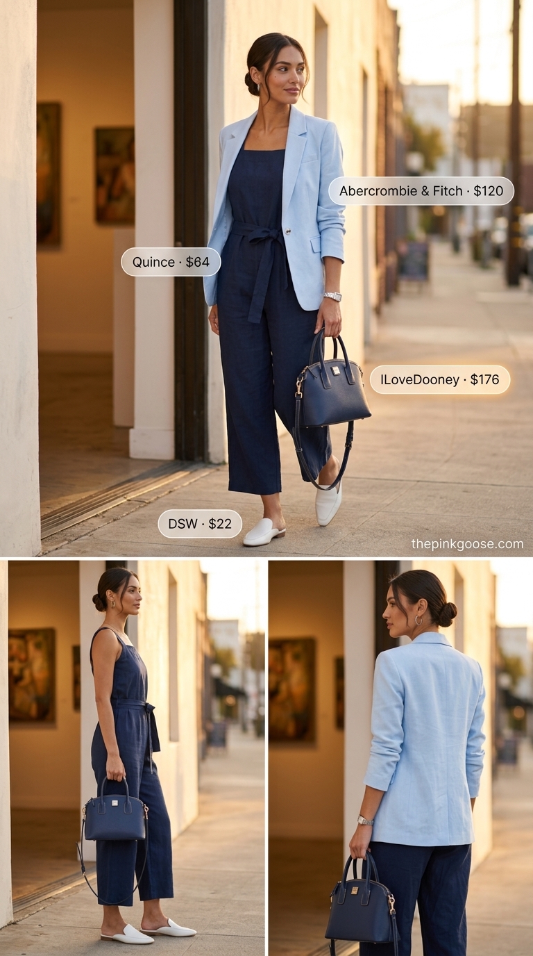 Polished navy linen jumpsuit for business casual office or lunch meetings in 2026. Smart and contemporary.