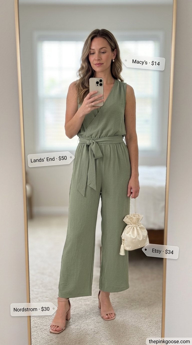Romantic lavender linen jumpsuit for women 2026, styled with nude heels and pearl bag for a garden party.