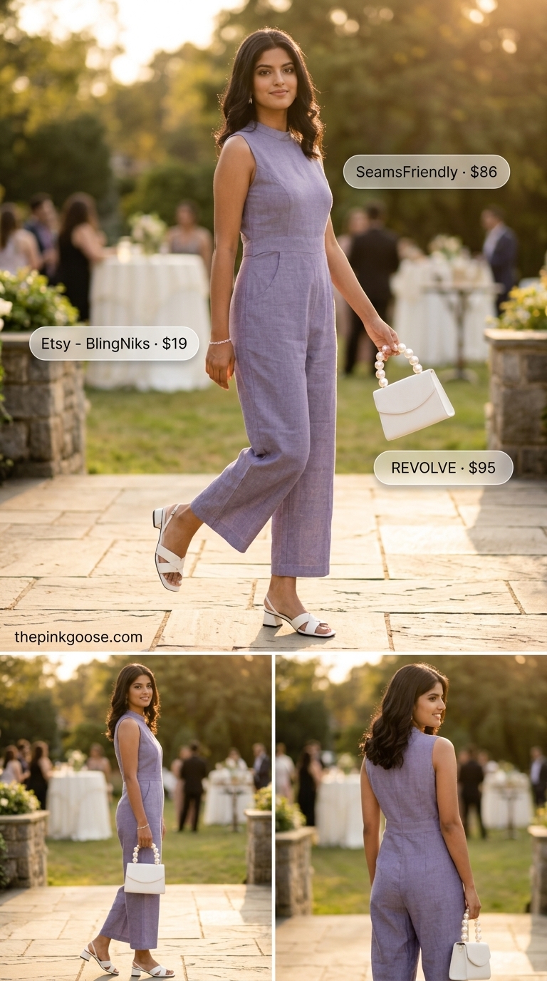 Romantic lavender linen jumpsuit for garden parties or outdoor weddings in 2026. Feminine and whimsical.