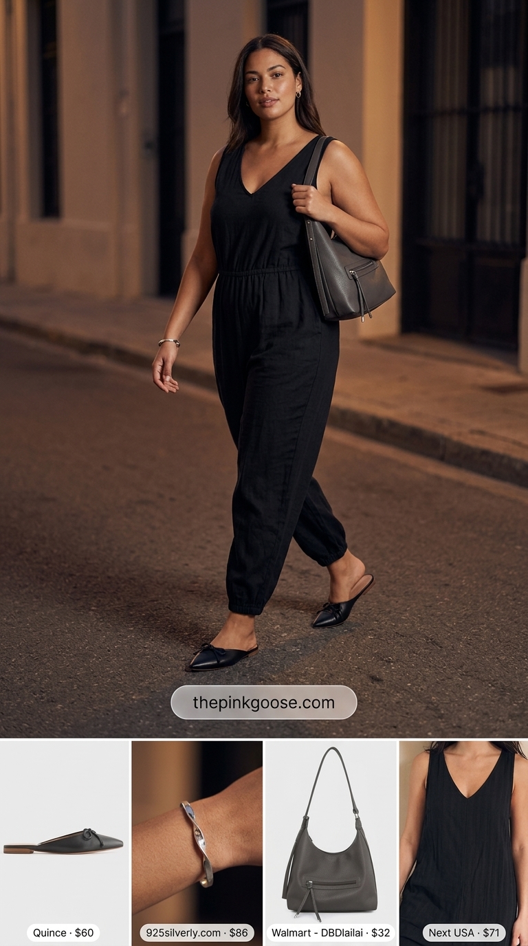 Black sleeveless summer linen jumpsuit for women 2026. Minimalist evening outfit with leather mules.