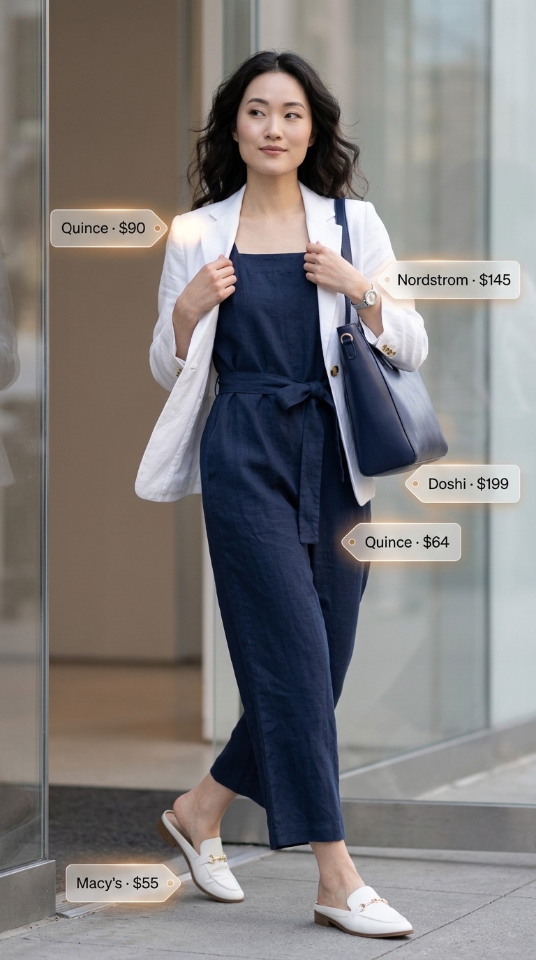 Navy sleeveless summer linen jumpsuit for women 2026. Classic office outfit with white blazer & tote.