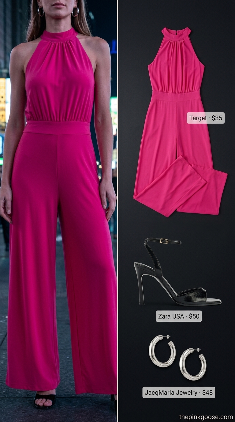 Bold fuchsia linen jumpsuit for summer nights out or parties in 2026. Edgy and vibrant.