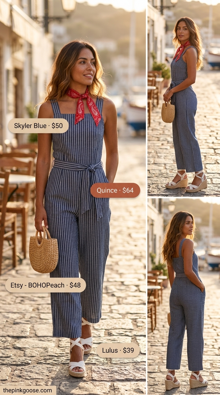 Classic navy and white striped linen culotte jumpsuit for women 2026, with espadrilles and straw bag for seaside lunch.