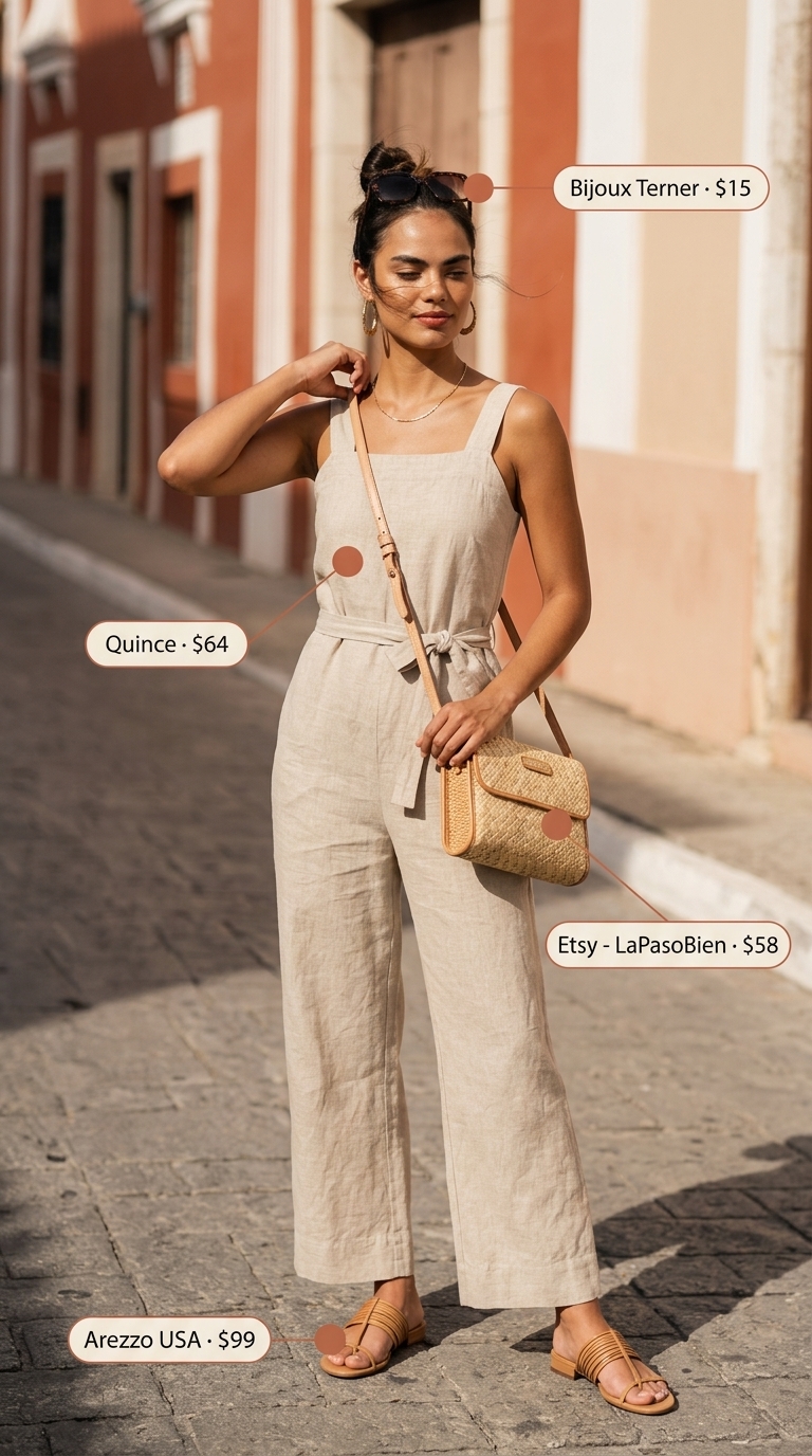 Effortless beige linen jumpsuit for women 2026, styled with gold necklaces, straw bag, and flat sandals for resort wear.