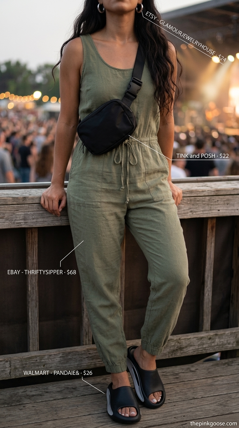 Olive green utility sleeveless summer linen jumpsuit for women 2026. Cool travel outfit with dad sandals.