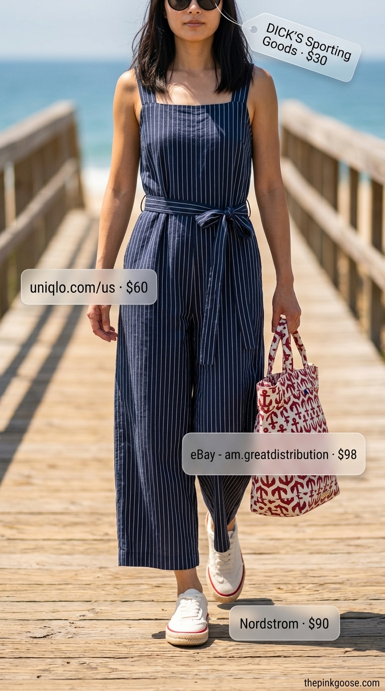 Striped linen jumpsuit for women, perfect for seaside excursions or casual getaways in 2026. Blue, white, red.